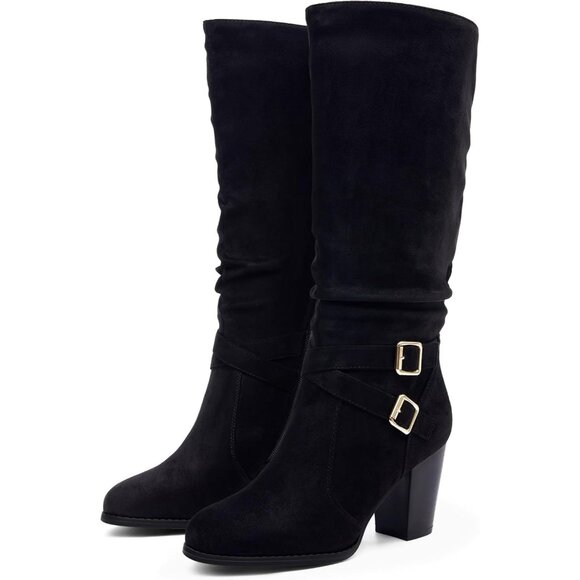 Women Black Mid Knee High Boots Chunky Heel Slouchy Metal Buckle Winter Shoes - Picture 1 of 5